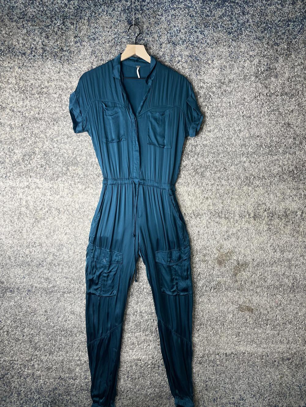 YFB Young Fabulous & Broke Jumpsuit Womens XS Teal Utility Cargo Elastic Waist